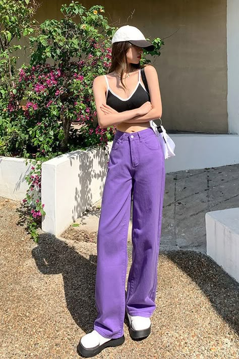 High Waist Loose Casual Purple Jeans Pants – Tomscloth Outfits With Light Purple Pants, How To Style Purple Jeans, Purple Jeans Outfit Aesthetic, Styling Purple Pants, Coloured Jeans Outfits, Purple Pants Outfit Aesthetic, Purple Leather Pants Outfit, Purple Outfits Casual, How To Style Purple Pants