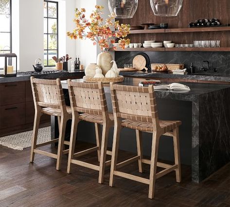 Dark Brown Kitchen Island With Stools, Bar Stools Kitchen Island Dark Wood Cabinets, Wood Island Chairs, Nathan James Bar Stool, Restoration Hardware Counter Stools, Natural Counter Stools, Island Chairs Counter Stools Modern, Gold Barstools In Kitchen, Faux Leather Counter Stools