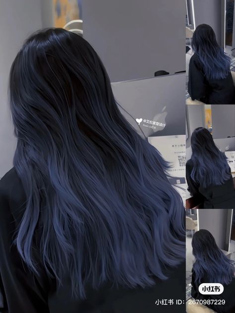 Dark Blue Tips Hair, Dark Midnight Blue Hair, Dark Blue Ombre Hair, Dark Blue Highlights, Ash Blue Hair, Dark Blue Hair Dye, Blue Tips Hair, Midnight Blue Hair, Blue Hair Aesthetic