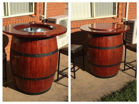 I wanted to make a Wine Barrel Table that would look good inside and outside the house.  I have made a few of these and the results were great. I started by put… Recycled Trampoline, Wine Barrel Coffee Table, Custom Bbq Smokers, Wine Barrel Table, Barrel Coffee Table, Barrel Projects, Wine Barrel Furniture, Barrel Decor, Vintage Milk Can