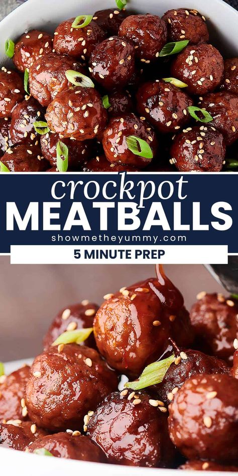 These Crockpot Meatballs require just 4 ingredients and 5 minutes of prep! Serve them over rice, mashed potatoes, or eat them as-is. They're so versatile, so easy-to-make, and SO YUMMY! Meatball Crockpot Appetizer, Crockpot Recipes For Meatballs, Meatballs Crock Pot, Jam Meatballs Crock Pot, Best Slow Cooker Meatballs, Crockpot Meatball Recipes Appetizers, Gameday Meatballs Crock Pot, Grape Meatballs Crockpot, Apricot Meatballs Crockpot