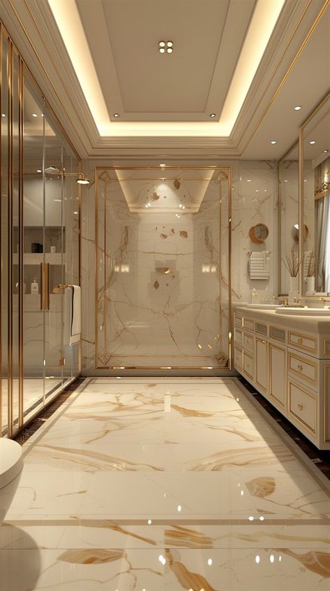 Luxury Bathroom Ceiling Design, Bathroom Ideas Gold And White, Elegant Bedroom Ideas Luxury Master Suite Interior Design, Classic Bathroom Design Luxury, Luxury Bathroom Ideas Master Suite, High End Bathroom Design Luxury, Bathrooms Luxury Modern, High End Bathroom, White And Gold Bathroom