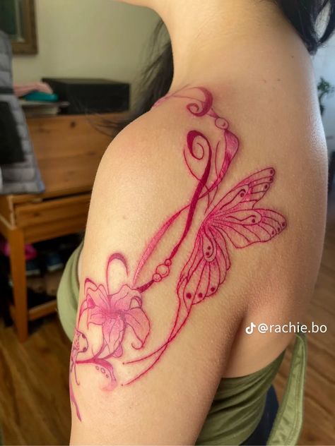 Pink And Black Tattoo Ideas, Pink Arm Tattoo, Red Ink Shoulder Tattoo, Black And Pink Tattoo, Pink Ink Tattoo On Dark Skin, Red Shoulder Tattoo, Hot Pink Butterfly Tattoo, Butterfly Tattoo Pink, Pink Tattoo Ink