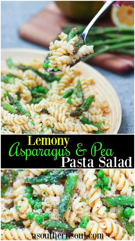 Tender pasta, with fresh, sauteed asparagus and sweet peas tossed in a bright lemony dressing is a salad that has all the fresh flavors of springtime! This simple pasta salad is great for a weeknight meal and is perfect for outdoor parties and dining. It’s a outstanding recipe to double if you’re feeding a crowd and is always a favorite at any festivity. #pastasalad #veggiesalad #lemonpasta #feedingacrowd #foracrowd #easyrecipe #potlucksalad #covereddishsupperrecipe #pastaandcheese Green Pea Pasta Salad, Lemon Pea Pasta Salad, Pasta Salad Recipes With Asparagus, Pea Noodle Salad, Asparagus And Pea Pasta, Asparagus Pea Pasta, Pasta With Asparagus And Peas, Vegan Pea Salad, Pasta Salad Asparagus