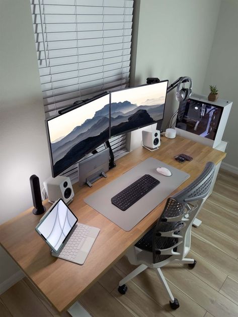 3 Monitor Office Setup, Double Monitor Laptop Setup, Dual Laptop Desk Setup, Wfh Monitor Setup, 2 Monitors And Laptop Setup Home Office, 3 Computer Monitor Setup, Dual Computer Setup, Macbook Dual Monitor Setup, Dual Computer Monitor Desk Setup