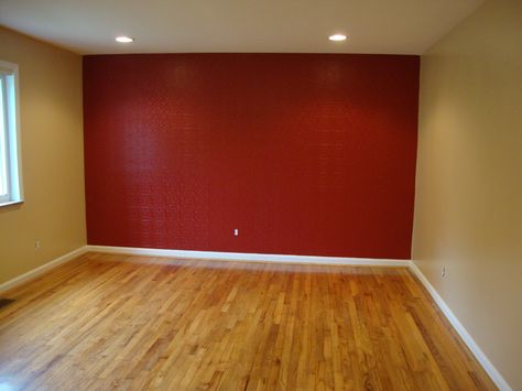 Red accent wall. Textured paint-able wall paper. Red Accent Wall Bedroom, Red Bedroom Walls, Red Tile Floor, Red Wall Paint, Red Accent Wall, Bedroom Paint Colors Master, Accent Wall Colors, Dining Room Paint, Accent Walls In Living Room