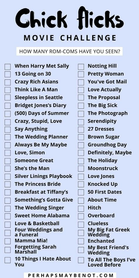 Romcom Movies List, Chick Flick Movies, Netflix Movie List, Girls Night Movies, Movie Challenge, Best Romantic Comedies, Movie Hacks, Movies To Watch Teenagers, Netflix Movies To Watch