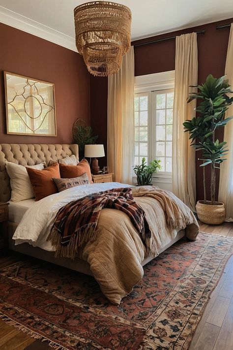 Adult Cozy Bedroom Ideas, Natural Color Bedroom Ideas, Caramel Bedroom Ideas, Burnt Orange Room Aesthetic, Wine Color Bedroom, Mahogany Bedroom Ideas, Rust Bedroom Decor, Rusty Orange Bedroom, Red Brown Bedroom