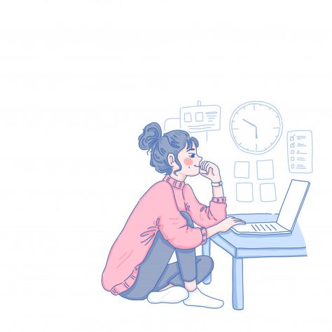 Girl work from home | Premium Vector #Freepik #vector #computer Work From Home Illustration Art, Computer Illustration Design, Work From Home Illustration, Girl Working On Laptop, Laptop Drawing, Study Illustration, Working On Computer, Work Cartoons, Computer Illustration