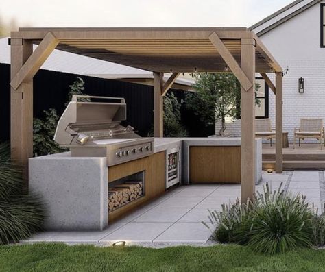 Bbq Ideas Backyard, Backyard Kitchen Ideas, Bbq Backyard, Kitchen Ideas Outdoor, Custom Outdoor Kitchen, Simple Outdoor Kitchen, Concrete Outdoor Kitchen, Covered Outdoor Kitchens, Modern Outdoor Kitchen