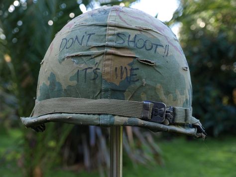 Vietnam Helmet Art, Vietnam Helmet Graffiti, Military Helmet Drawing, Vietnam Helmet, Hello Vietnam, Helmet Graffiti, German Militaria, Qwart Helmets, Wild Animal Sanctuary