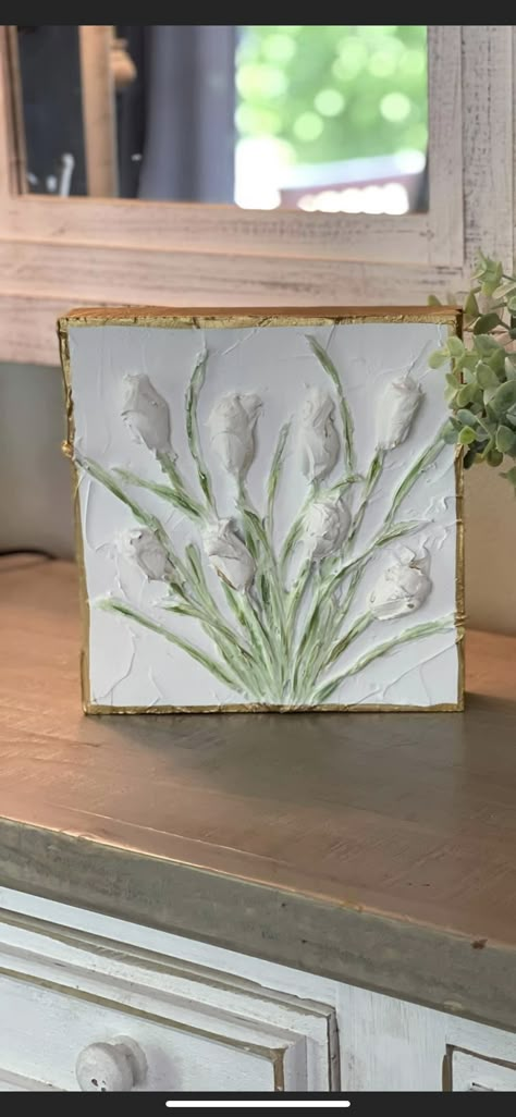 Reverse Stencil On Canvas, Small Textured Paintings, Spring Paintings On Canvas Diy, Molding Paste Art Ideas, Caulk Art, Spackle Painting, Plaster Projects, Spackle Art, Paste Painting