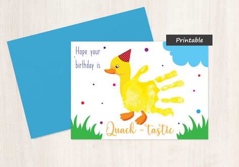 "THIS IS A DIGITAL ITEM This listing is for a 5x7 fold-able Birthday digital greeting card. The front of the card pictures a yellow duck wearing a birthday hat with the words 'Hope your bithday is Quack-tastic'. The card is designed to be completed by adding your child's handprint to complete the body of the duck. Handprints can be added using children's paint - paint the hand directly or dip in paint and then place on the card. It's a nice personal touch when sending greeting cards to loved one Art Projects, Duck Birthday, Digital Greeting Cards, Yellow Duck, Hand Print, Personalized Card, Painting For Kids, Printable Cards, Fun Activities