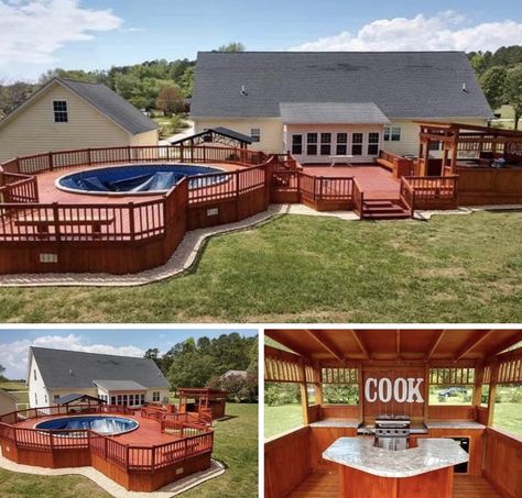 Connecting Pool Deck To Existing Deck, Pool Deck Connected To House, Above Ground Pool With Hot Tub, Above Ground Pool And Hot Tub Deck Ideas, Deck With Pool, Backyard Deck Ideas, Deck Roof, Decks Around Pools, Backyard Goals