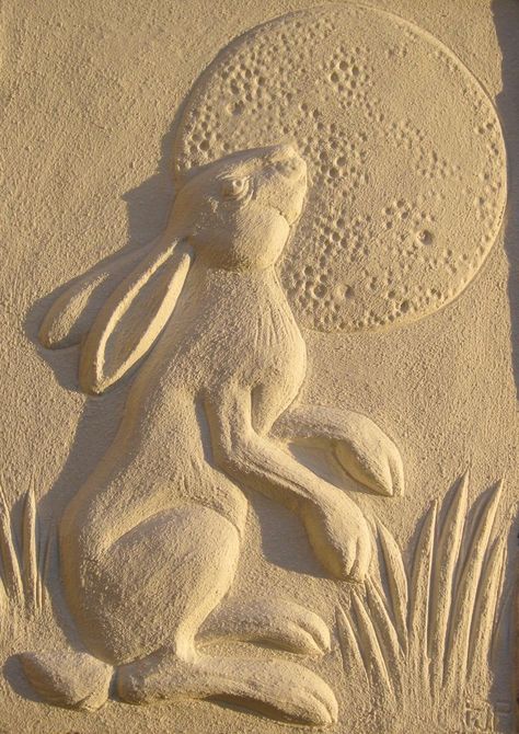 Hare Moon, Moon Gazing, Rabbit Sculpture, Clay Wall Art, Temple Art, Garden Pottery, Wood Carving Patterns, Relief Sculpture, Rabbit Art