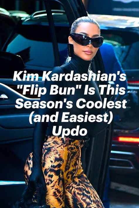 Kim Kardashian is wearing a black top and animal print pants while getting out of her car in NYC Kim Kardashian Sleek Bun, Flipped Bun Hairstyle, Flip Bun Hairstyle, Kim Kardashian Latest, Chris Appleton, Kim K Style, Sleek Bun, Bun Tutorial, A Ponytail