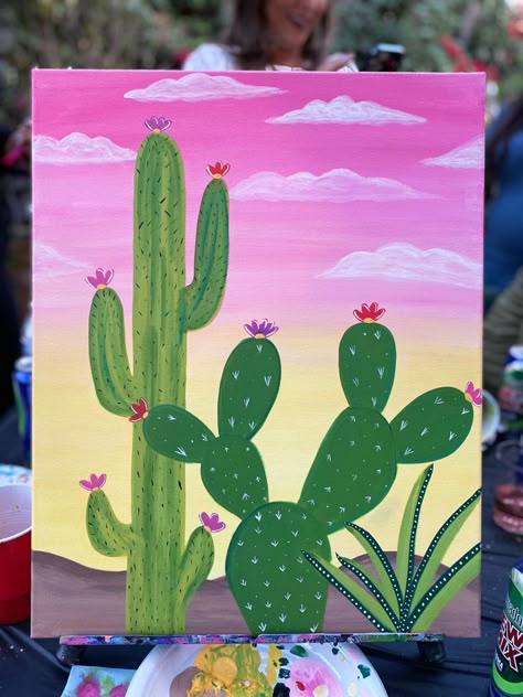 Canvas Painting Cactus, Cool Things To Paint On Canvas Creative, Simple Summer Painting Ideas, Easy Spring Painting Ideas On Canvas, Fun Easy Painting Ideas Canvases, Art Series Ideas, Cute Pictures To Paint, Painting Ideas Cactus, Aesthetic Painting Ideas Easy Acrylic