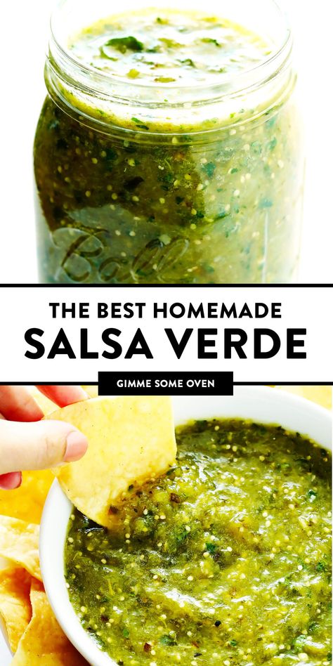 The BEST Salsa Verde recipe!! It's easy to make with roasted tomatillo, cilantro, onion, garlic, lime juice, and cumin...it only takes about 20 minutes to make...and it's the perfect appetizer with chips or accompaniment to your favorite Mexican food! | gimmesomeoven.com (Gluten-Free / Vegan / Vegetarian) Salsa Recipe Tomatillo, Cilantro Salsa Verde, Best Verde Salsa, Recipes That Use Tomatillos, Salsa Recipe Verde, Things To Make With Tomatillos, Tomatillo Recipes Vegan, Fresh Salsa Verde Recipe, Mexican Salsas Homemade