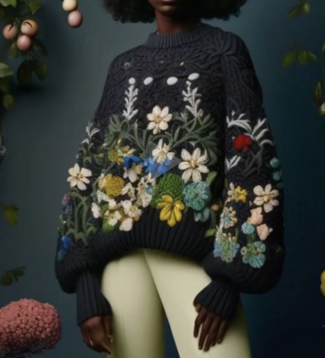 Floral Applique Sweater, Embroidery On Knitted Items, Yarn Embroidery On Sweater, Paris Fashion Week Runway, Quirky Fashion, Embroidery On Clothes, Floral Knit, Creation Couture, Spring Sweater