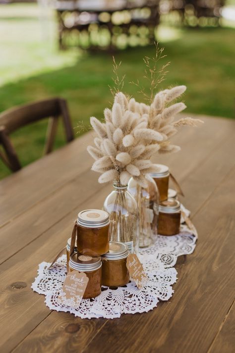 Lace placemat with jars or honey and bunny tails as wedding table decorations Lace Placemats Wedding, Randy Fenoli, Lace Placemats, Wedding Reception Table Decorations, Travel Globe, Bay Wedding, Cardboard Cutout, Festival Vibes, Wedding Table Decorations