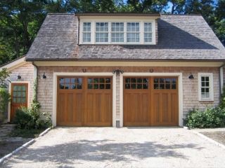 cedar shake siding Detached Garage Designs, Carriage Style Garage Doors, Faux Wood Garage Door, Carriage House Garage Doors, Garage Door House, Carriage House Doors, Carriage Garage Doors, Garage Lights, Carriage House Garage