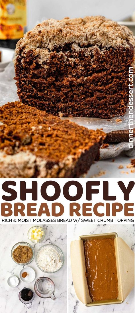 Shoofly Bread is a quick bread with the warm sweet flavors of the classic pie made with molasses, brown sugar, cinnamon, and crumb topping. Molasses Bread Sweet, Gluten Free Molasses Bread, Molasses Muffins Easy Recipes, Molasses Sourdough Bread, Bread Machine Quick Bread Recipes, Sourdough Molasses Brown Bread, Molasses Loaf, Molasses Desserts, Recipes With Molasses