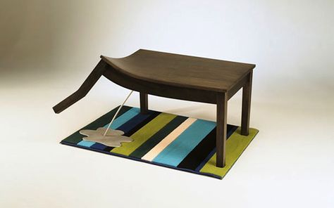 Bad Table, A Wooden Table That Looks Like it is Urinating on a Carpet Funny Furniture, Quirky Furniture, Weird Furniture, Straight Line Designs, Unusual Furniture, Funky Furniture, Creative Furniture, Cheap Furniture, Furniture Designer