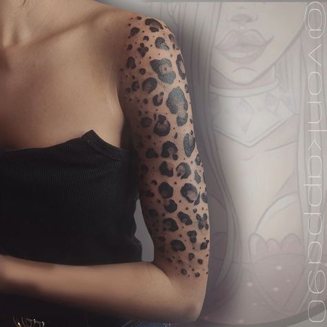 Animal Print Tattoo Sleeve, Leopard Print Half Sleeve Tattoo, Animal Skin Tattoo, Cheetah Print Sleeve Tattoo For Women, Leopard Print Tattoo For Women Arm, Leopard Print Tattoo Design, Leopard Neck Tattoo, Animal Pattern Tattoo, Leopard Back Tattoo For Women