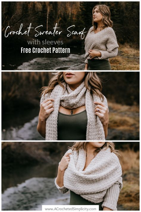 Learn to crochet a sweater scarf with this beginner-friendly crochet pattern. A scarf with sleeves (also called a thneed), can be worn as a crochet scarf, a cowl, a shawl, and even a wrap around sweater! This beginner-friendly pattern is worked all in one piece. #scarfwithsleeves #crochetscarfwithsleeves #sweaterscarf #crochetscarf #sweaterscarfhowtowear #scarfwithsleeves #scarfwithsleevespattern #freecrochetpattern #crochetscarfpattern #crochetsweater #crochetwrap #easycrochet #beginnercrochet Scarf Sweater Wrap Crochet Pattern, Crochet Sweater Scarf With Sleeves, Crochet Wrap Around Shawl Free Pattern, Crochet Wrap Scarf With Sleeves, Crochet Scarf Wrap Pattern Free, Crochet Wrap With Sleeves Free Pattern, Crochet Scarf Wrap, Shawl With Sleeves Crochet Pattern, Hooded Infinity Scarf Crochet Pattern