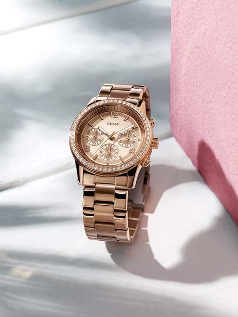 Rose Gold Watch | GUESS.com Cool Watches For Women, Elegant Watches Women, Guess Women Watches, Guess Watch, Fashion Idol, Ladies Gents, Michael Kors Outlet, Men's Wear, Rose Gold Watch