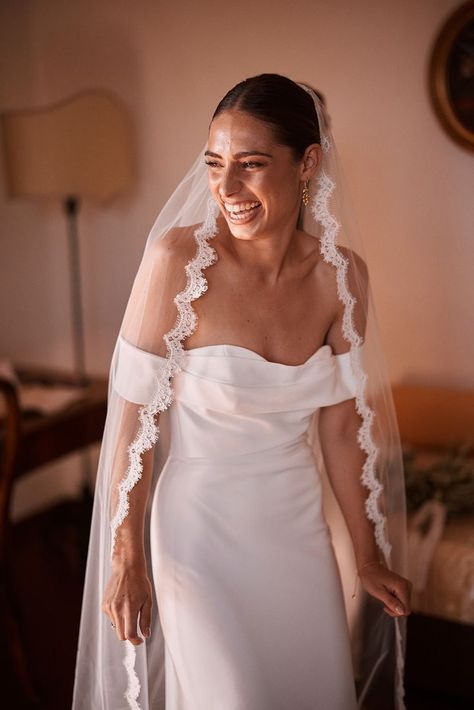 Italian wedding, lace trim veil, off the shoulder wedding dress Italian Bride Traditional, Italian Villa Wedding Dress, Italian Wedding Veil, Italian Wedding Hair, Sicilian Wedding Dress, Italian Wedding Dress Traditional, Italian Style Wedding Dress, Tuscan Wedding Dress, Mediterranean Bride