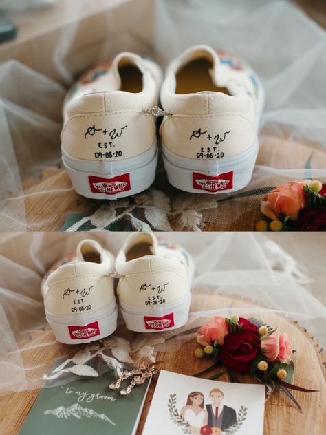 Bride Vans Wedding Ideas, His And Hers Wedding Vans, Couples Matching Wedding Shoes, Bride Wedding Shoes Vans, Painted Bridal Shoes, Wedding Shoe Ideas Unique, Customised Wedding Shoes, Van Wedding Shoes, Wedding Vans Shoes Diy