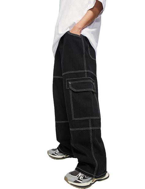 Black Cargo Pants Men Outfit, Y2k Baggy Jeans Men, Grunge Male Fashion, Baggy Outfits Men, Baggy Clothes Style, Baggy Jeans Men, Skateboard Pants, Y2k Baggy Jeans, Black Baggy Jeans