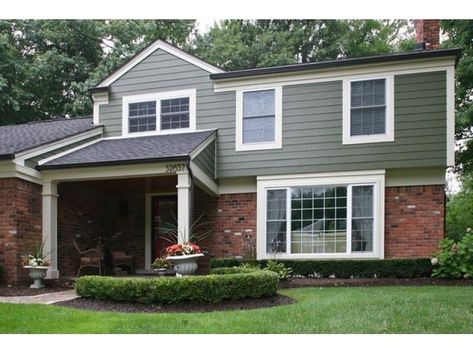 Red Brick Curb Appeal, Green Colonial House Exterior, Half Brick House Exterior, Half Brick Half Siding Exterior, Crescent Ideas, Sherwin William, Red Brick House Exterior, Red Brick Exteriors, Green Siding