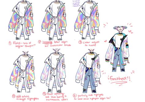 Holo Tutorial Drawing, Holographic Clothes Drawing Tutorial, How To Draw Iridescent Fabric, Jacket Tutorial Drawing, Jacket Coloring Tutorial, Binder Drawing Reference, Clothing Coloring Tutorial, How To Draw Iridescent, How To Draw Holographic Fabric