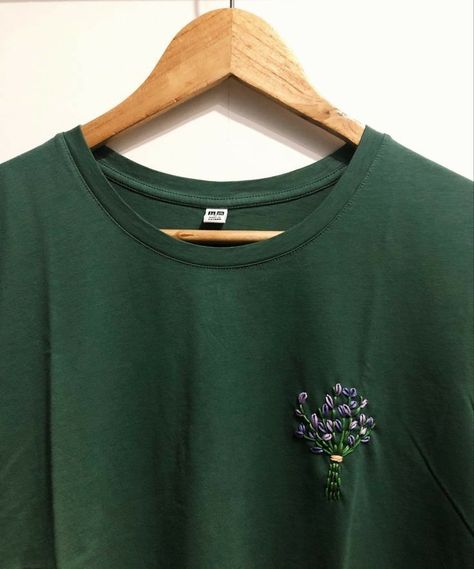 Embroidery On Green Shirt, Lavender Embroidery Shirt, Green Sweatshirt Embroidery, Green Shirt Embroidery, Embroidery On Tee Shirts, Embroidery On Dark Green Fabric, Small Embroidery Designs On Tshirt, Embroidery Tshirt Designs, Embroidery Designs Crewneck