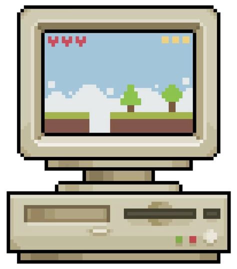 Pixel art old computer with retro 8 bit platform game vector icon for 8bit game on white background Pixel Computer Icons, Retro Computer Drawing, Game Platform Design, Old Computer Drawing, 8 Bit Background, Gamer Illustrations, School Pixel Art, Pixel Game Background, 8bit Icons