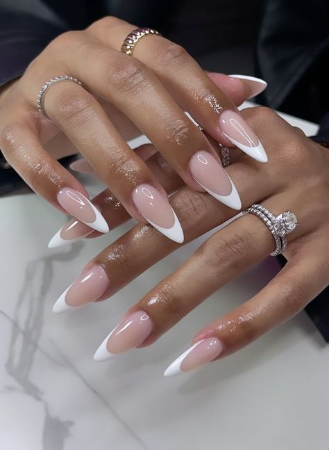 Nails Stilleto Design, Sharp Nails French Tip, Pointy White French Tip Nails, French Manicure Acrylic Nails Almond, Wedding Nails For Black Women, White Tip Pointy Nails, Pink White Nails Acrylic French Tips, Almond Shaped Sparkly Nails, Chic Long Nails