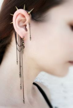 Spike Ear Cuff Wrap Cuff Chain Earrings Ear Cuff by MayaHandmade Spike Ear Cuff, Earring Cuff Chain, Ear Earrings, Punk Jewelry, Earrings Ear, Fantasy Jewelry, Gothic Jewelry, Brass Jewelry, Chain Earrings