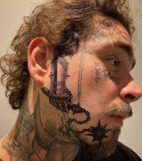 Gauntlet and flail tattoo on Post Malone's face. Image Tattoo, Labyrinth Tattoo, Tattoo Care Instructions, Infected Tattoo, Face Tats, K Tattoo, Realistic Temporary Tattoos, Latest Tattoos, Face Tattoos