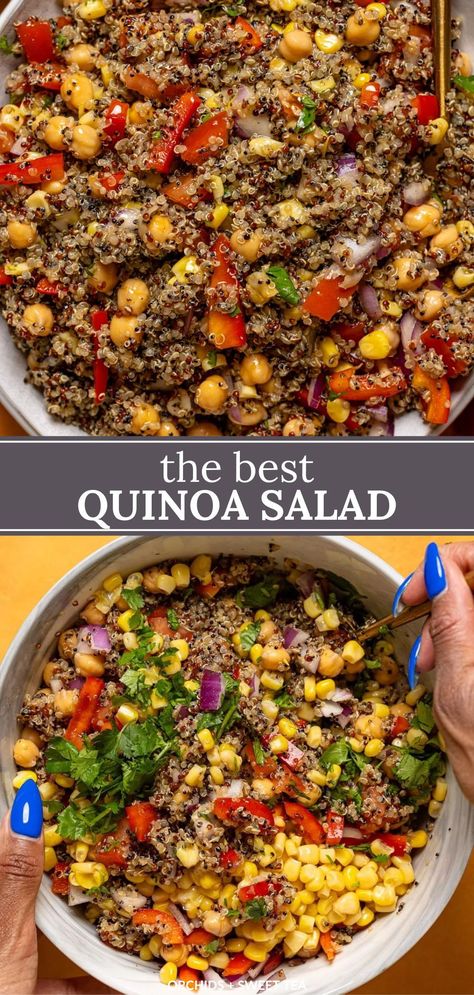 Delight your taste buds with My Fave Quinoa Salad recipe, packed with a colorful medley of protein-packed chickpeas, juicy grape tomatoes, sweet corn kernels for a pop of sweetness, crisp bell peppers adding a refreshing crunch! Tossed in a simple lemon olive oil dressing, it's such a flavorful side or main dish that is perfect for any time of the year! Make Ahead + Meat Add-In Option. | make ahead quinoa salad recipes | quinoa salad recipes cold make ahead | vegan quinoa salad recipes cold Fruity Quinoa Salad, Easy Vegan Packed Lunch, Italian Quinoa Salad, Quinoa Peas, Quinoa Salad Recipes Cold, Lemon Olive Oil Dressing, Red Quinoa Salad, Vegan Quinoa Salad Recipes, Quinoa Chickpea Salad