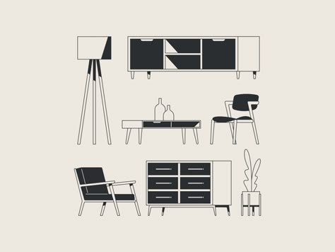 Mid Century Modern Line Art, Furniture Illustration, Midcentury Modern Furniture, Furniture Sketch, Graphic Ideas, Sketch Style, Home Icon, Line Illustration, Saint Charles