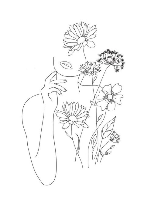 Line Art Woman With Flowers, Art Abstrait Ligne, Line Art Woman, Minimal Line Art, Kunst Tattoos, Woman With Flowers, Foot Tattoos For Women, Tattoos For Women Flowers, Line Art Tattoos