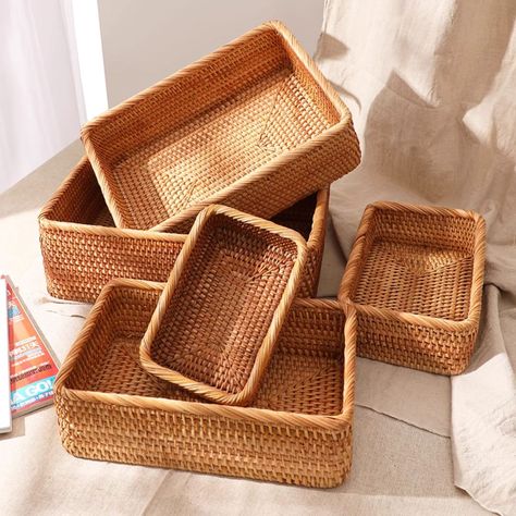 Basket Closet Organization, Small Wicker Basket, Handmade Ottomans, Rattan Storage, Desk Essentials, Organized Living, Living Room Organization, Makeup Clothes, Wicker Baskets Storage