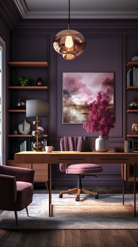 Moody Office Women, Deep Purple Office, Moody Purple Office, Moody Glam Office, Office Interior Design Colorful, Fancy Office Ideas, Home Office Purple, Feminine Home Library, Moody Feminine Office