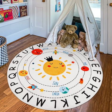 LTKOUGFAM ABC Kids Rug,4 ft Washable Nursery Rug,Soft Plush Educational Circle Rug,Non-Slip Solar System Alphabet Rug for Classroom playroom Bedroom Kids Room Decor Abc Kids, Alphabet Nursery, Playroom Rug, Play Rug, Kids Rug, Abc For Kids, Nursery Rug, Alphabet For Kids, Circle Rug