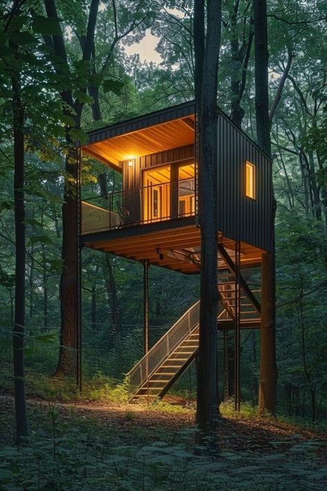 Modern Cabin Design, Treehouse Living, Tiny Log Cabins, Treehouse Ideas, Stilt House, Dream Escape, Frank Lloyd Wright Buildings, Glass Cabin, Wood Cabin