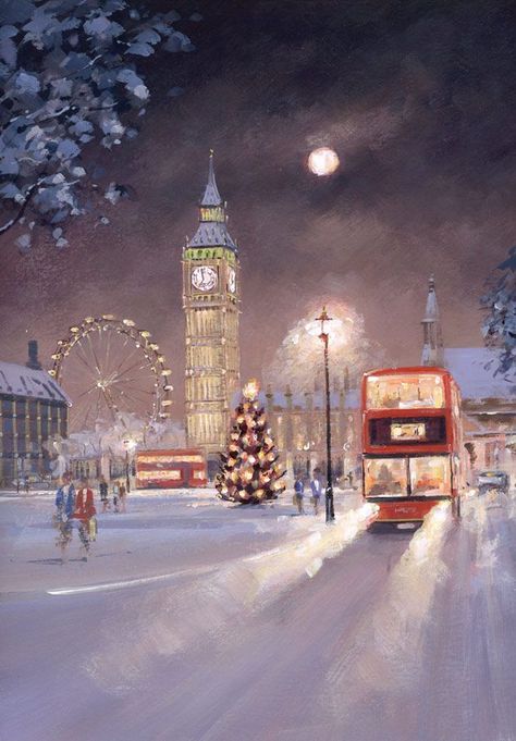 London Bus, London Snow, London Painting, London Wallpaper, London Dreams, Illustration Noel, London Aesthetic, Seni Cat Air, Wallpaper Iphone Christmas