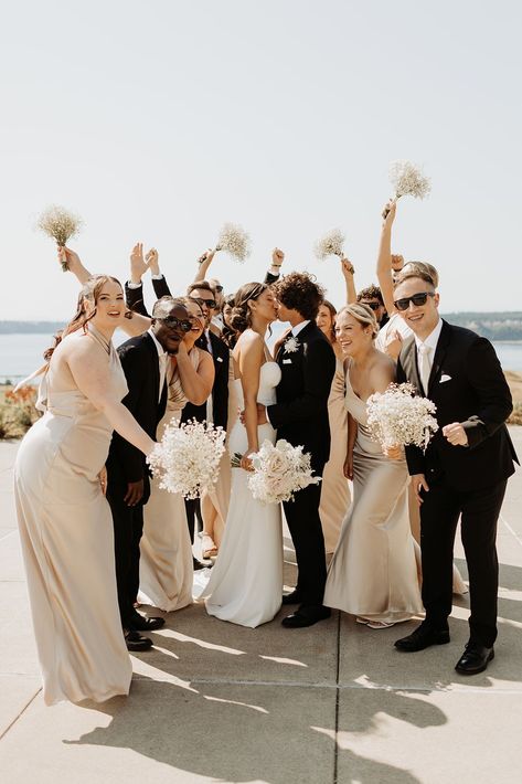 chambers bay golf course wedding How To Dress For A Wedding, St Claire, Anthropologie Wedding, Montana Wedding, Wedding Toasts, Bridal Party Photos, Neutral Wedding, Theme Color, People Standing