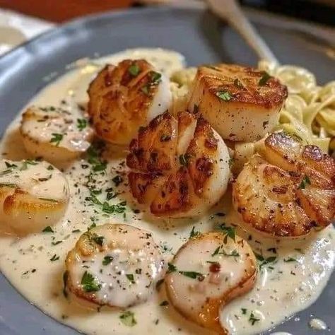 CHEF guy fieri 🥘 | 🥂🍤 Creamy Tuscan Garlic Scallops 🍤🥂 Recipes Tower, Garlic Scallops, Easy Scallop Recipes, Creamy Garlic Pasta, Seafood Dish Recipes, Dried Scallops, Seafood Entrees, Creamy Garlic Sauce, Shrimp Recipes For Dinner